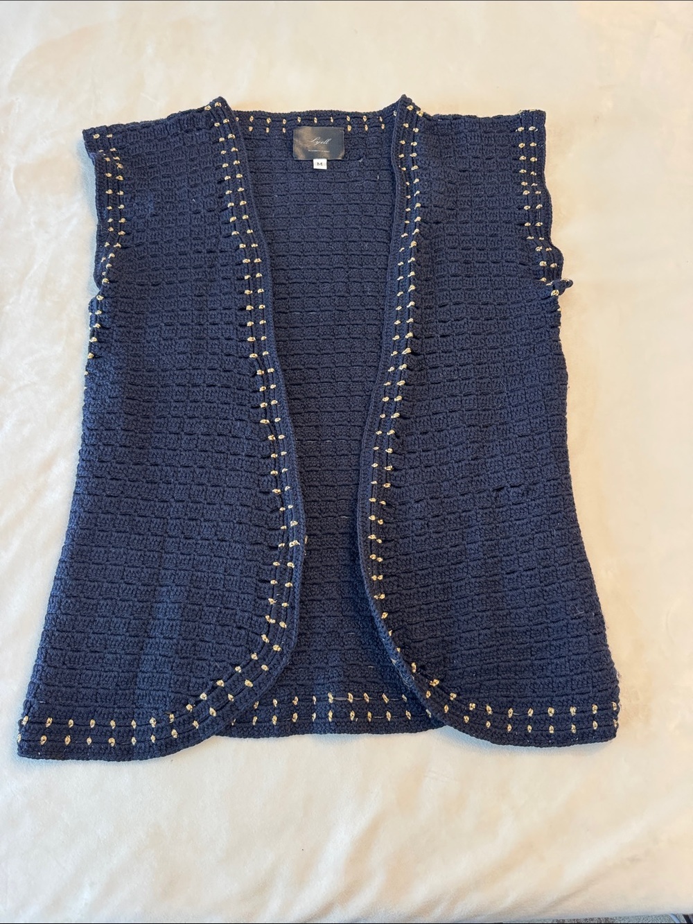 EUC! Lyell Elizabeth Street Navy Crocheted Knit Vest with Gold Accent, sz M